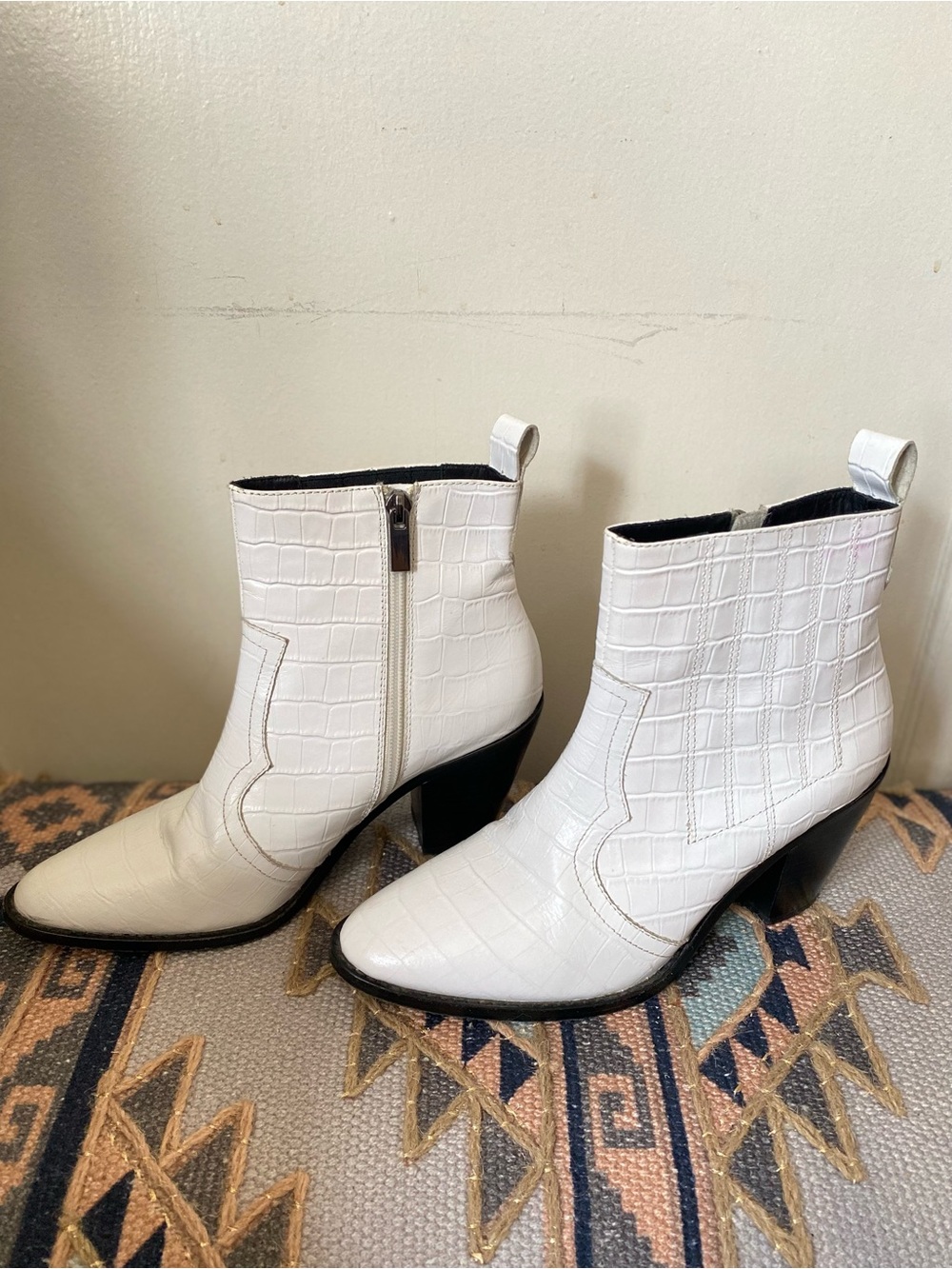 White Croc-Embossed Leather Ankle Boots with Block Heel